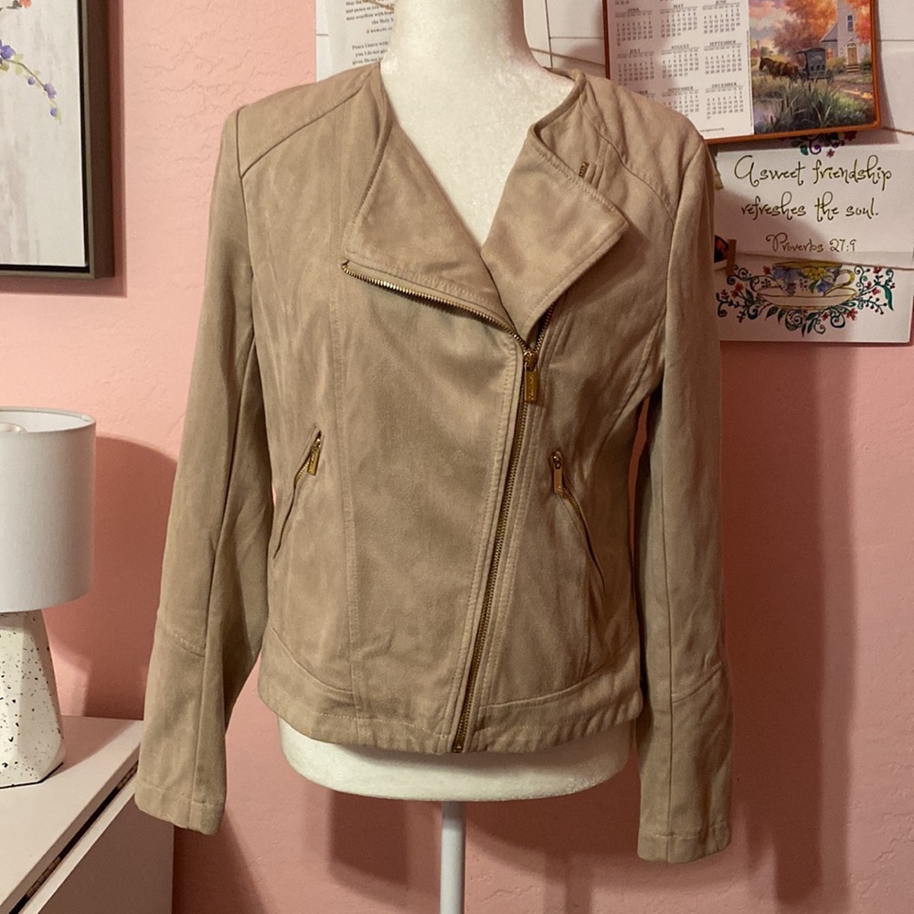 Calvin Klein Beige Suede Asymmetrical Bomber Jacket size medium